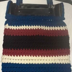 Striped Crochet Tote in Blue, Burgundy, Black & Cream